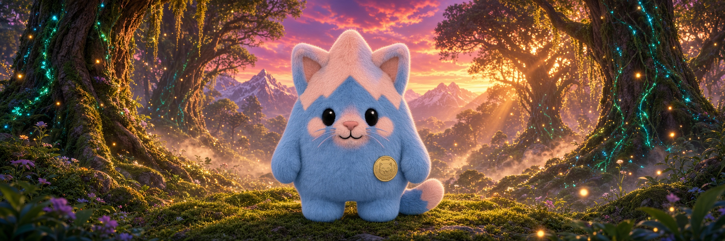 Glow Cat standing in a glowing forest at sunset